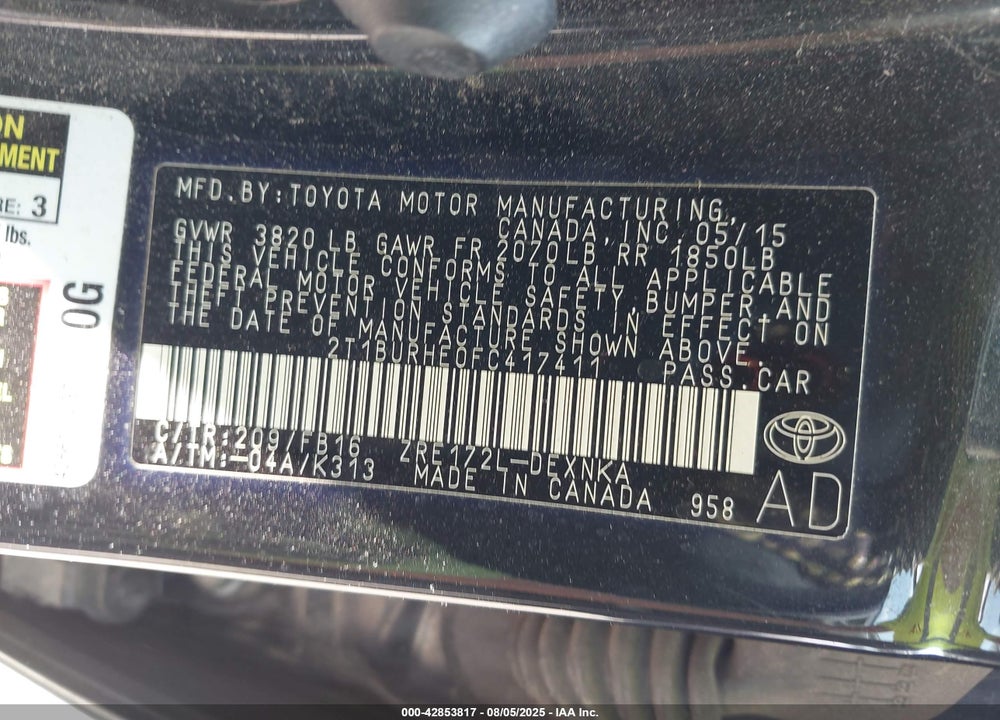 2015 TOYOTA COROLLA VIN: 2T1BURHE0FC417411
