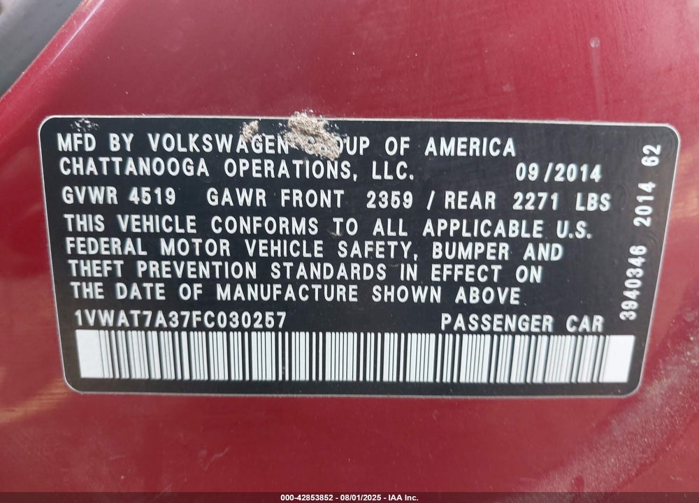 2015 VOLKSWAGEN PASSAT VIN: 1VWAT7A37FC030257