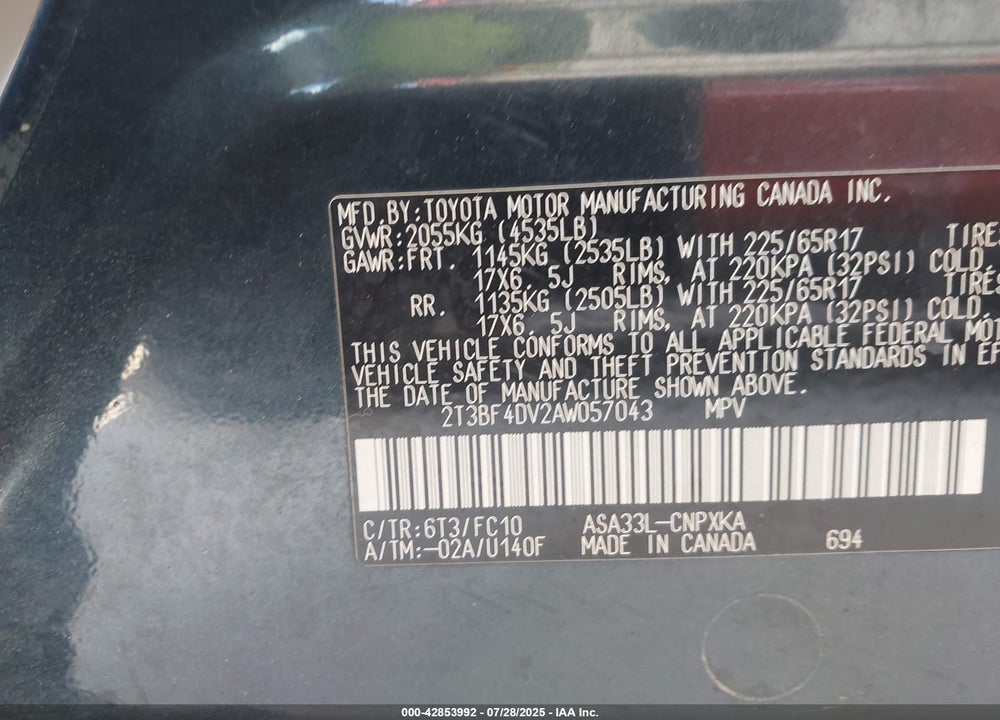 2010 TOYOTA RAV4 VIN: 2T3BF4DV2AW057043