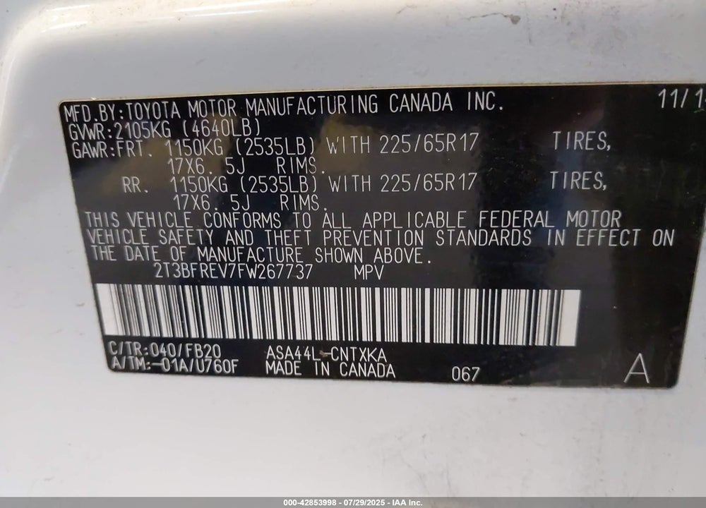 2015 TOYOTA RAV4 LE VIN: 2T3BFREV7FW267737