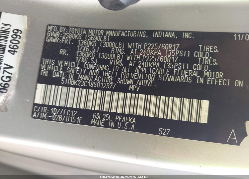 2008 TOYOTA SIENNA LE VIN: 5TDBK23C18S012977