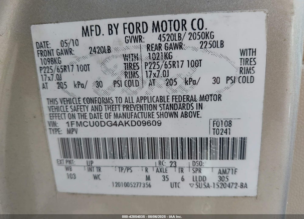 2010 FORD ESCAPE VIN: 1FMCU0DG4AKD09609