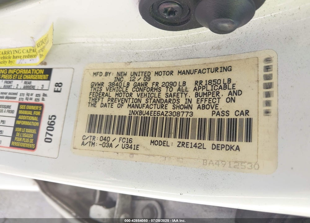 2010 TOYOTA COROLLA VIN: 1NXBU4EE6AZ308773