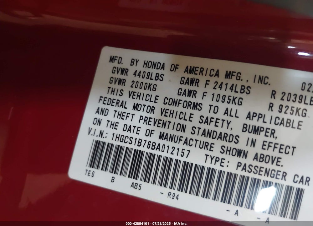 2011 HONDA ACCORD VIN: 1HGCS1B76BA012157