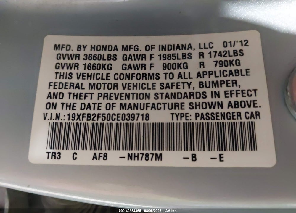 2012 HONDA CIVIC LX VIN: 19XFB2F50CE039718