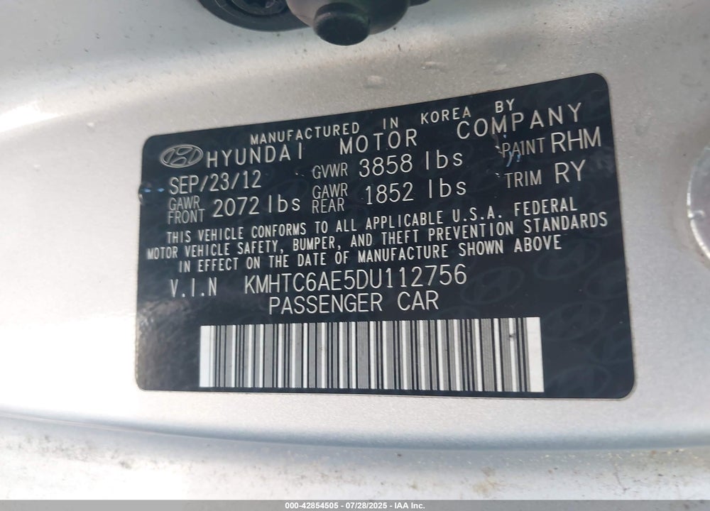 2013 HYUNDAI VELOSTER VIN: KMHTC6AE5DU112756