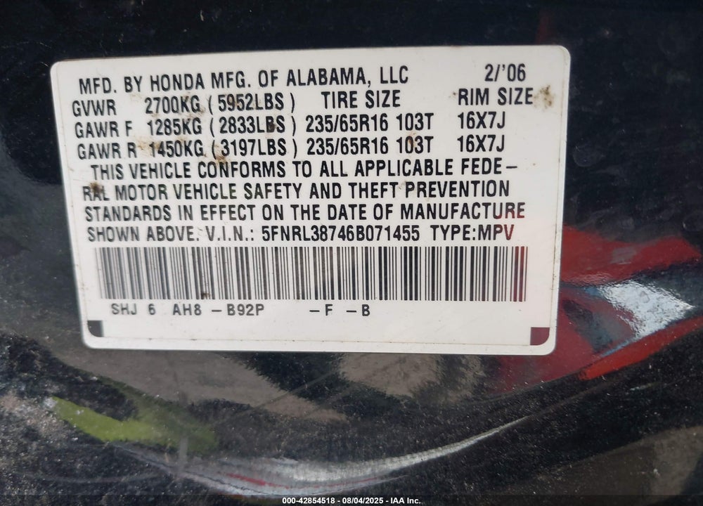 2006 HONDA ODYSSEY EX-L VIN: 5FNRL38746B071455
