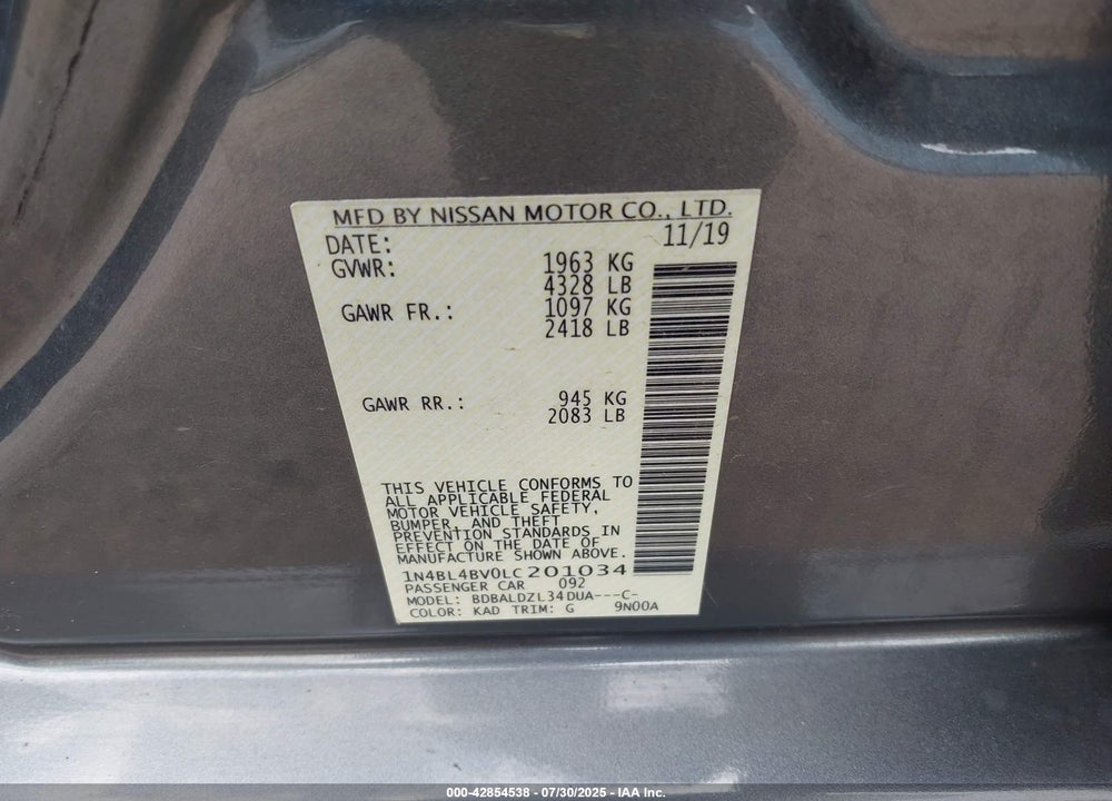 2020 NISSAN ALTIMA S FWD VIN: 1N4BL4BV0LC201034