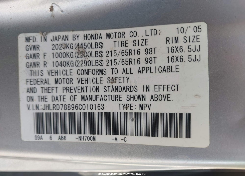 2006 HONDA CR-V VIN: JHLRD78896C010163