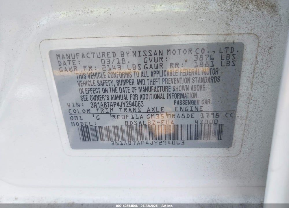 2018 NISSAN SENTRA VIN: 3N1AB7AP4JY294063