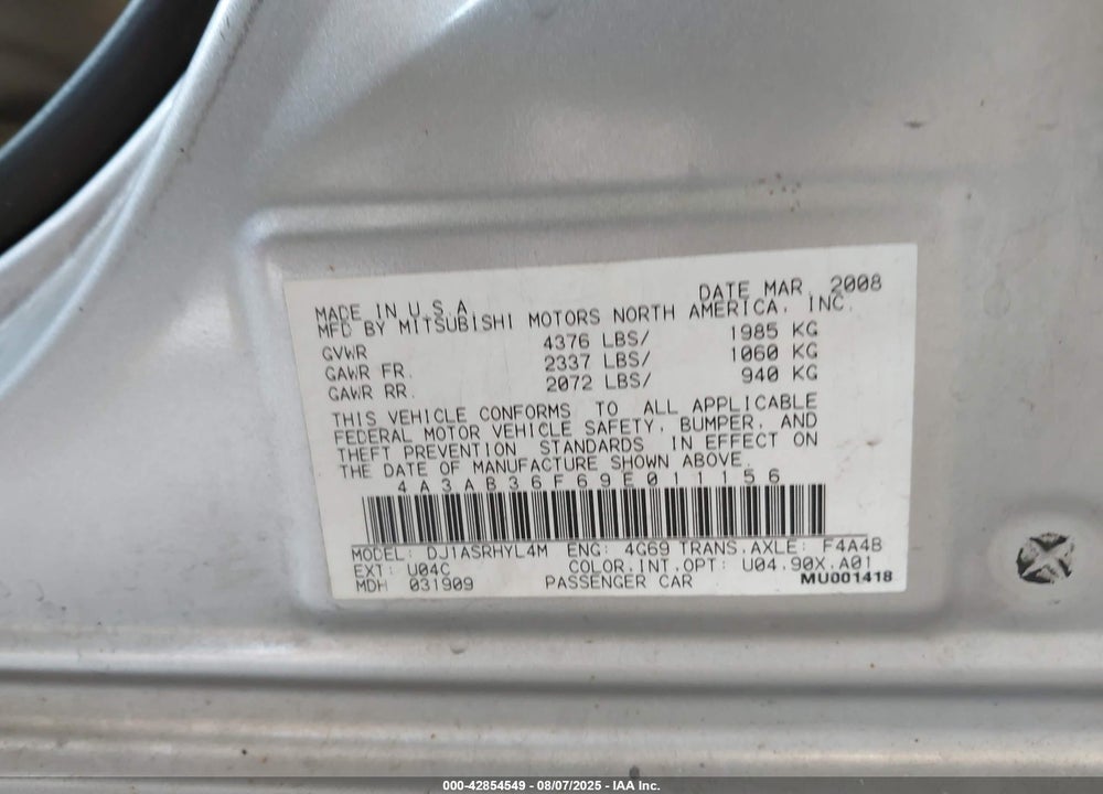 2009 MITSUBISHI GALANT VIN: 4A3AB36F69E011156