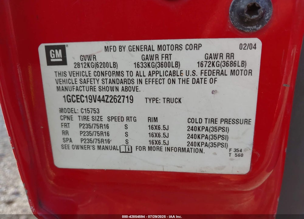 2004 CHEVROLET SILVERADO 1500 VIN: 1GCEC19V44Z262719