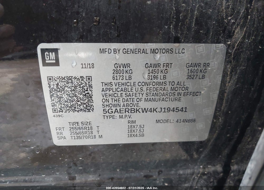 2019 BUICK ENCLAVE VIN: 5GAERBKW4KJ194541