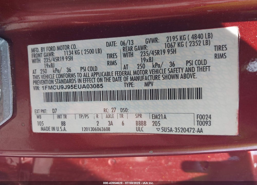 2014 FORD ESCAPE VIN: 1FMCU9J95EUA03085
