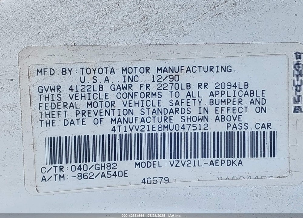 1991 TOYOTA CAMRY DLX VIN: 4T1VV21E8MU047512