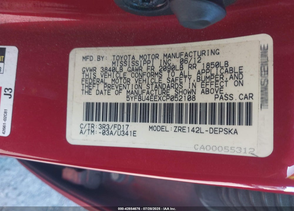2012 TOYOTA COROLLA VIN: 5YFBU4EEXCP052108