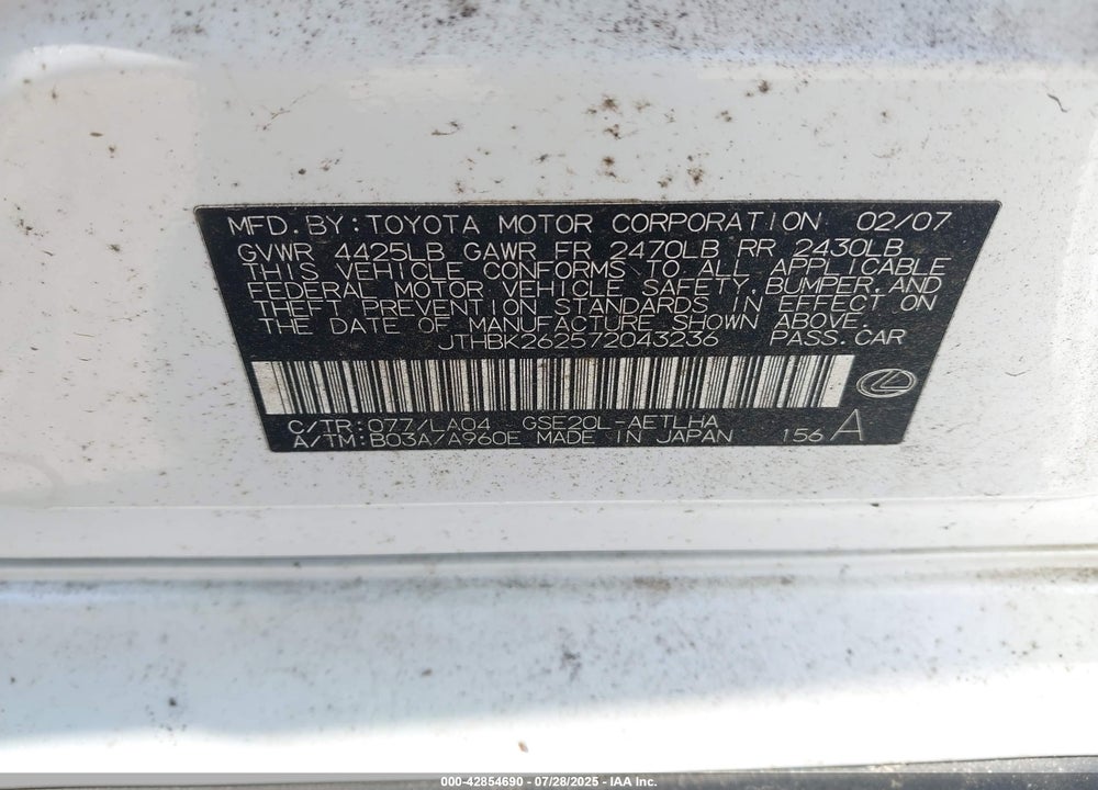 2007 LEXUS IS 250 VIN: JTHBK262572043236