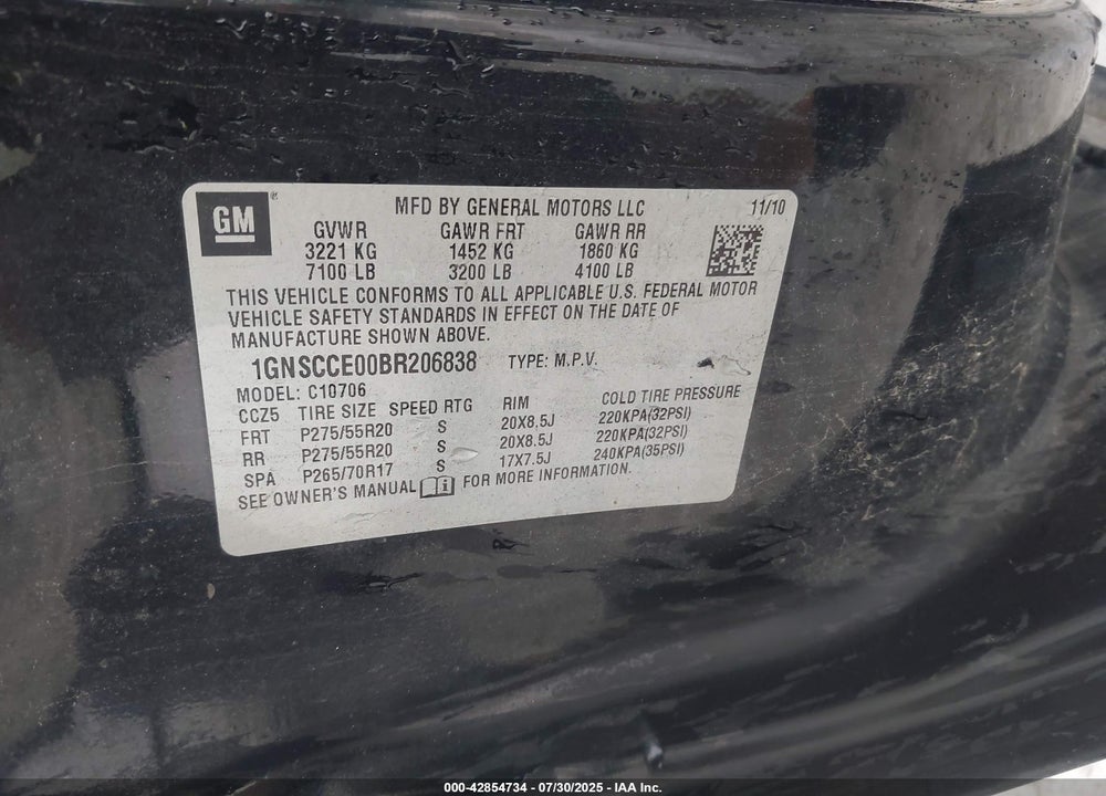 2011 CHEVROLET TAHOE VIN: 1GNSCCE00BR206838