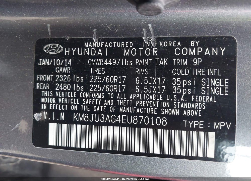 2014 HYUNDAI TUCSON VIN: KM8JU3AG4EU870108