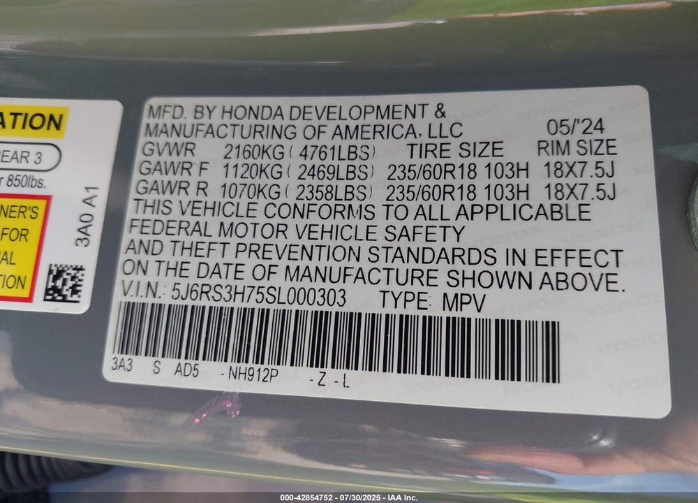 2025 HONDA CR-V EX-L 2WD VIN: 5J6RS3H75SL000303