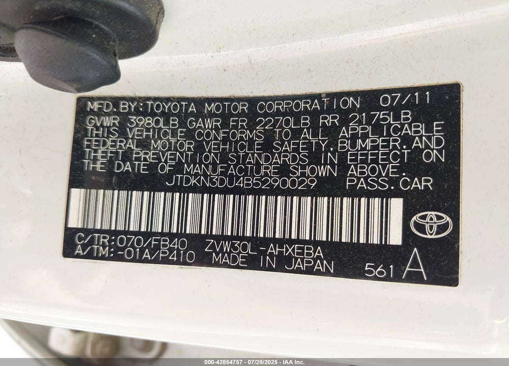 2011 TOYOTA PRIUS VIN: JTDKN3DU4B5290029