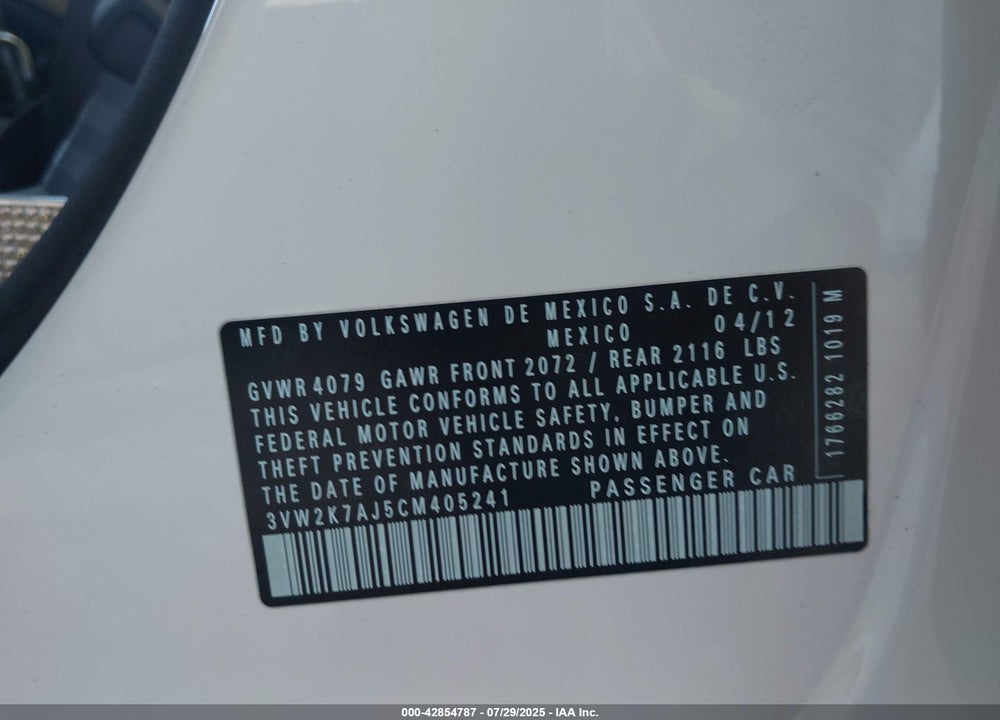 2012 VOLKSWAGEN JETTA VIN: 3VW2K7AJ5CM405241