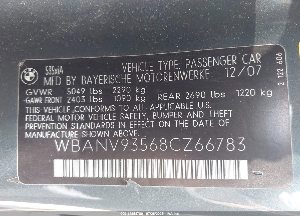 2008 BMW 5 SERIES VIN: WBANV93568CZ66783
