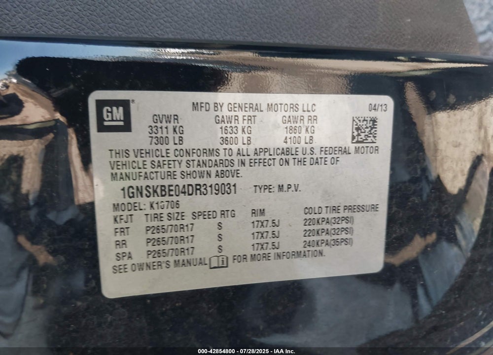 2013 CHEVROLET TAHOE VIN: 1GNSKBE04DR319031