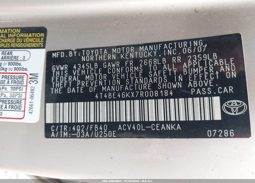 2007 TOYOTA CAMRY VIN: 4T4BE46KX7R008184
