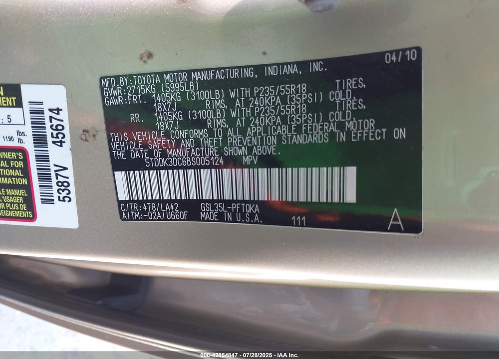 2011 TOYOTA SIENNA VIN: 5TDDK3DC6BS005124