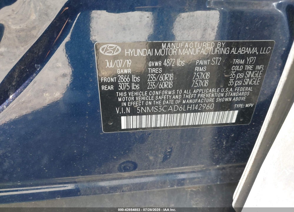 2020 HYUNDAI SANTA FE VIN: 5NMS3CAD6LH142960