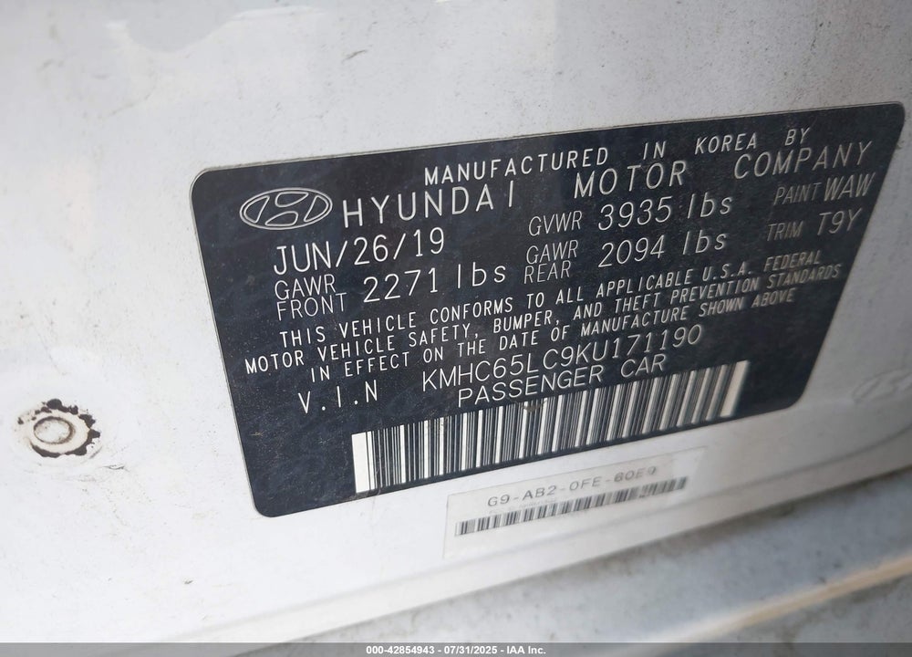 2019 HYUNDAI IONIQ HYBRID VIN: KMHC65LC9KU171190