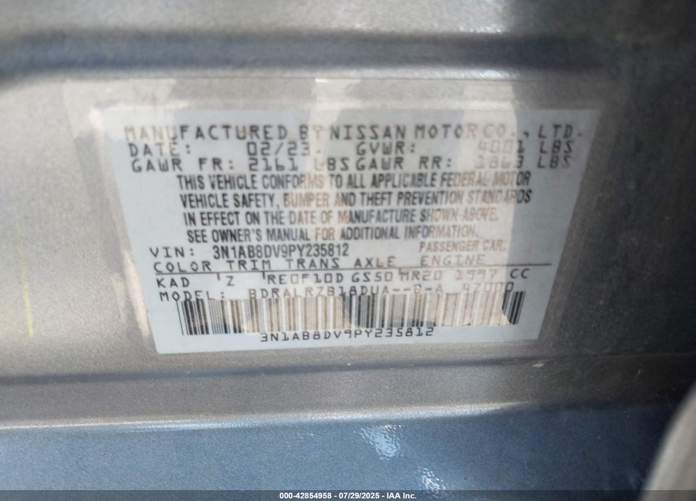 2023 NISSAN SENTRA VIN: 3N1AB8DV9PY235812