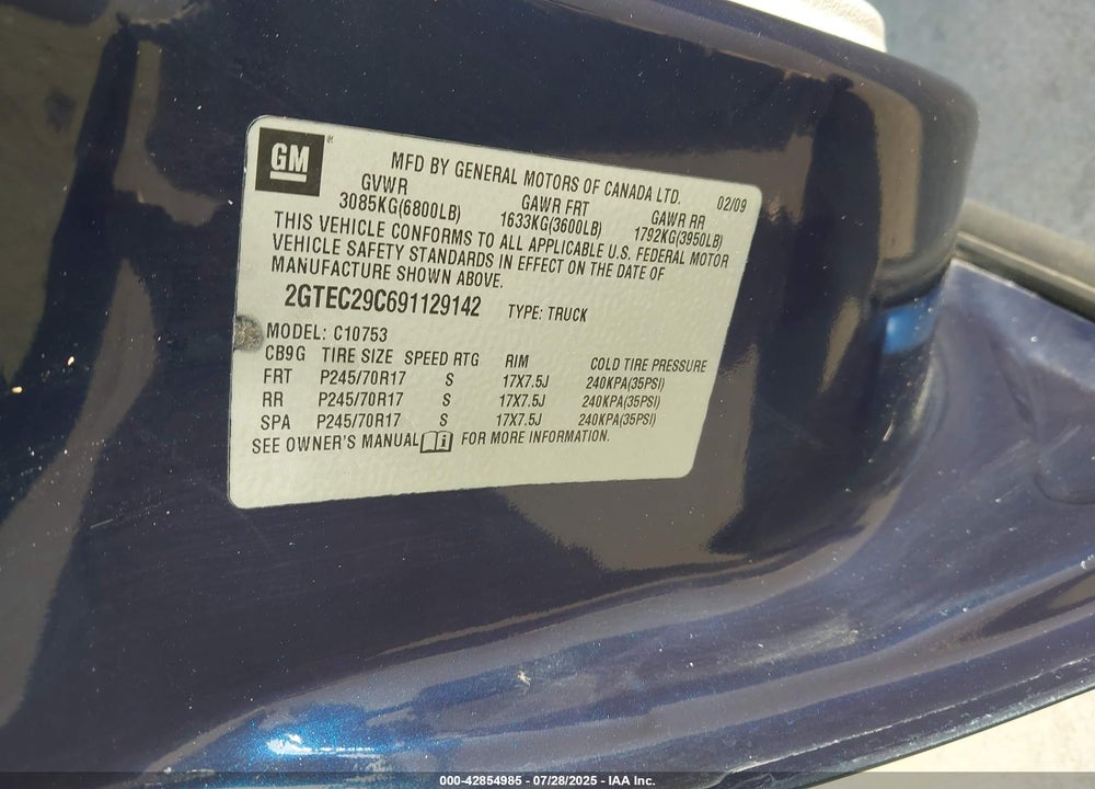 2009 GMC SIERRA 1500 VIN: 2GTEC29C691129142