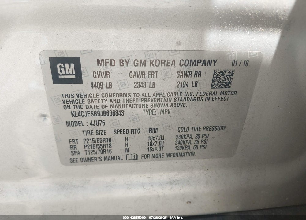 2018 BUICK ENCORE VIN: KL4CJESB9JB636843