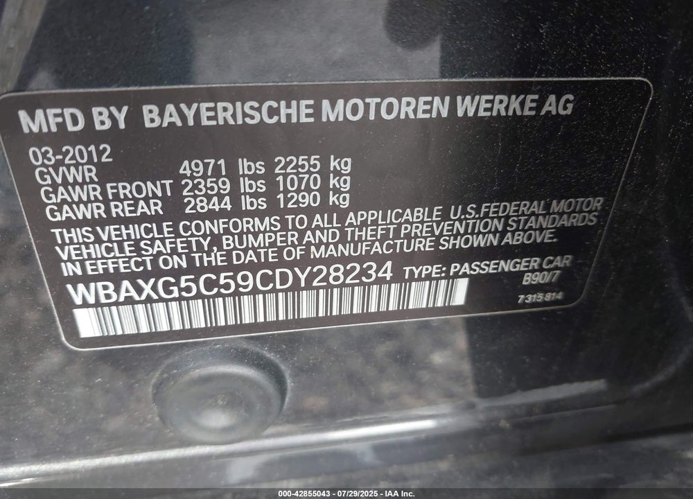 2012 BMW 5 SERIES VIN: WBAXG5C59CDY28234