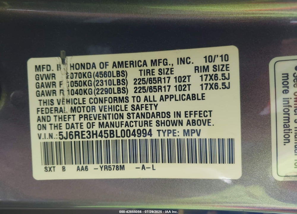 2011 HONDA CR-V VIN: 5J6RE3H45BL004994