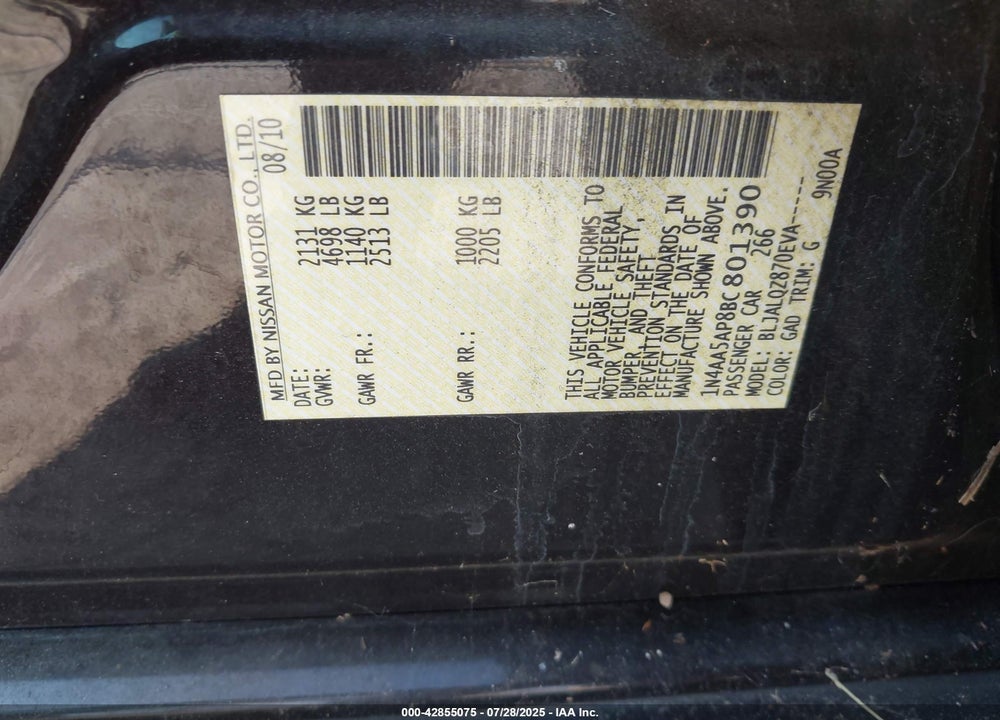 2011 NISSAN MAXIMA VIN: 1N4AA5AP8BC801390