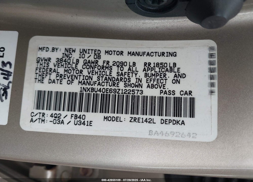 2009 TOYOTA COROLLA VIN: 1NXBU40E69Z122573