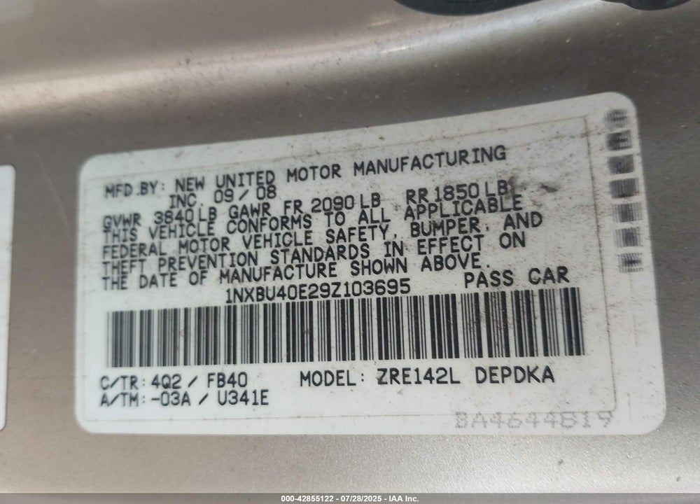 2009 TOYOTA COROLLA VIN: 1NXBU40E29Z103695