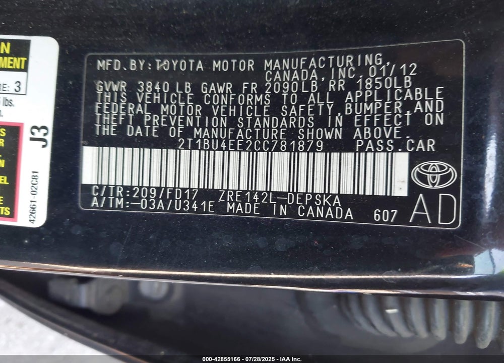 2012 TOYOTA COROLLA VIN: 2T1BU4EE2CC781879