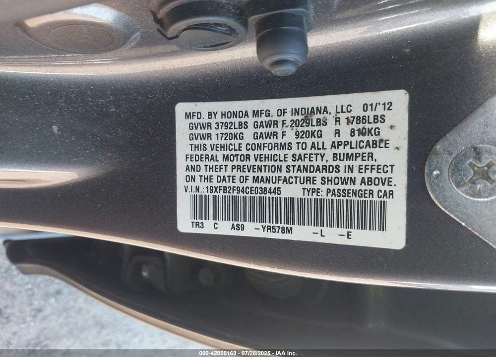 2012 HONDA CIVIC VIN: 19XFB2F94CE038445