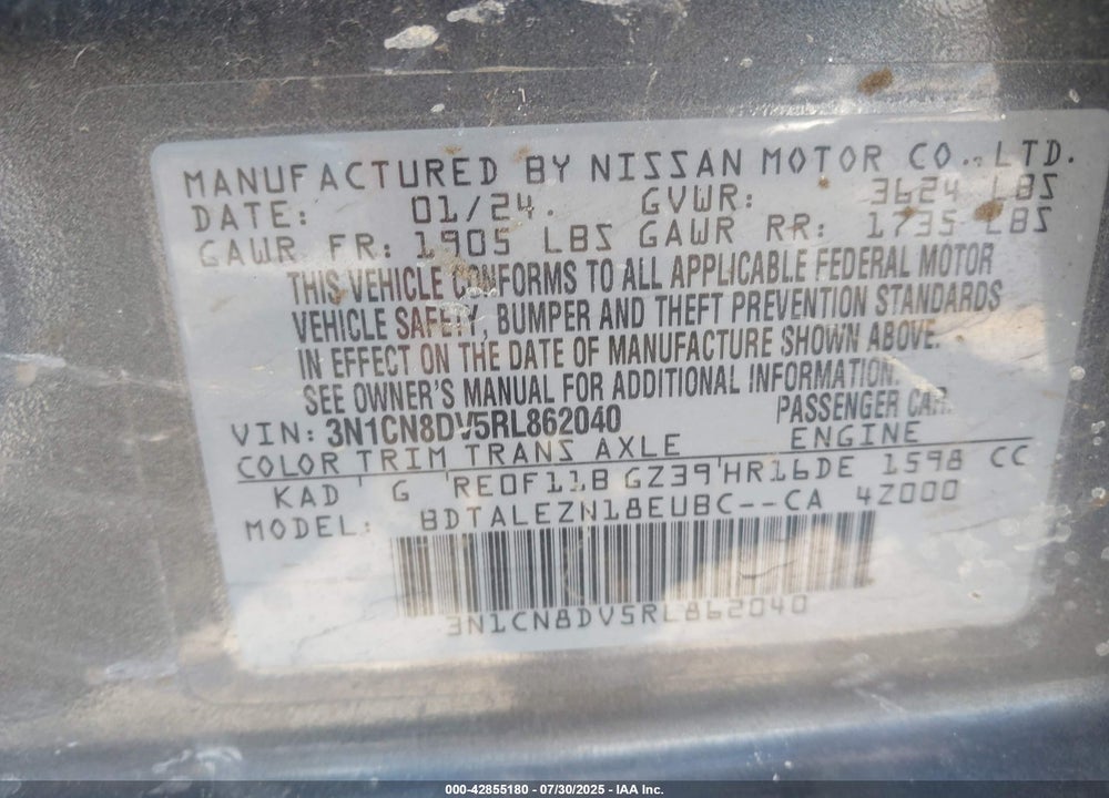 2024 NISSAN VERSA VIN: 3N1CN8DV5RL862040