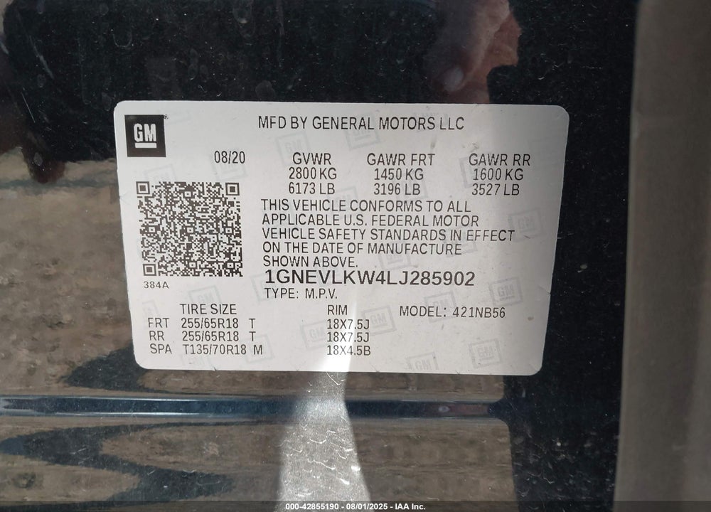 2020 CHEVROLET TRAVERSE AWD 1FL VIN: 1GNEVLKW4LJ285902