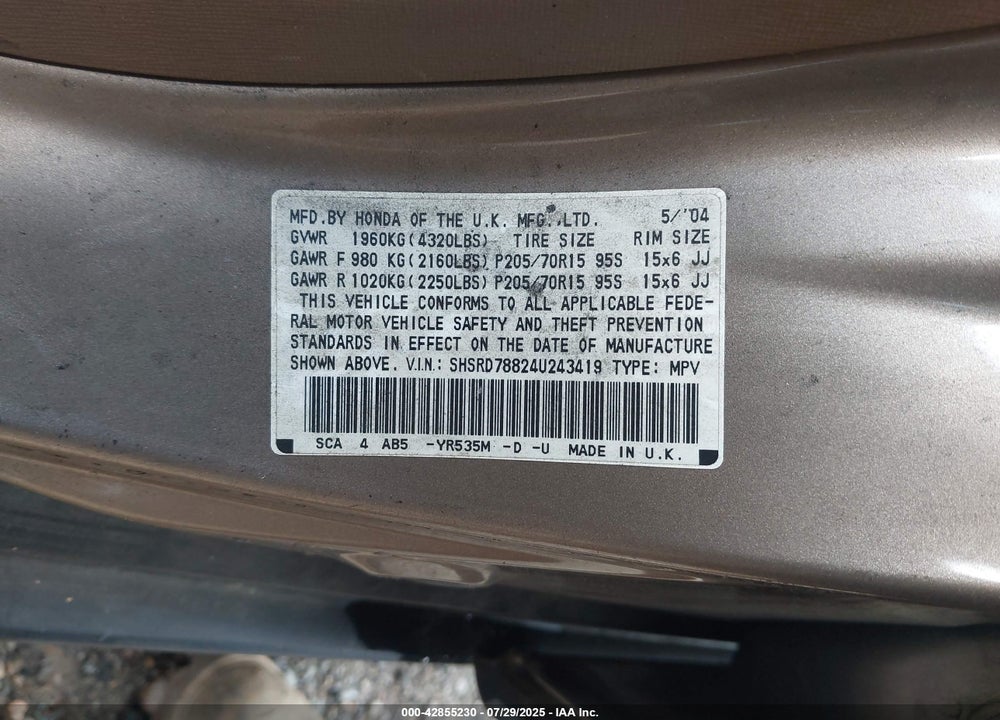 2004 HONDA CR-V EX VIN: SHSRD78824U243419