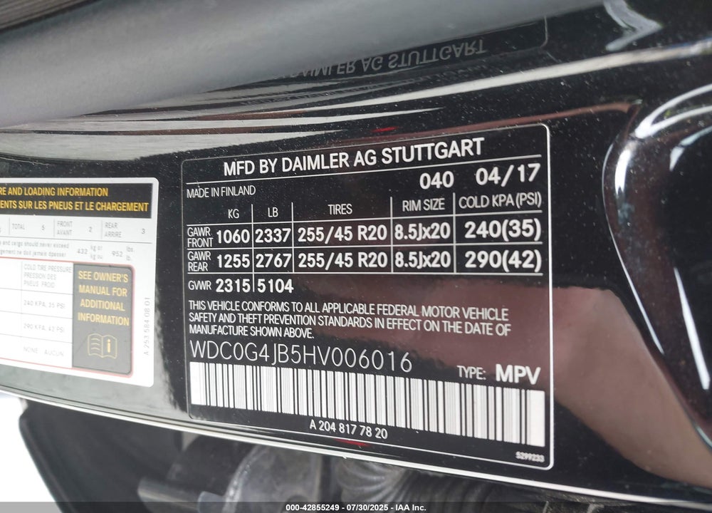 2017 MERCEDES-BENZ GLC CLASS VIN: WDC0G4JB5HV006016
