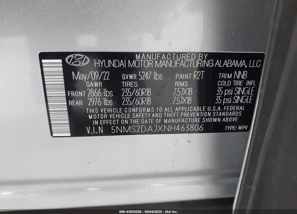 2022 HYUNDAI SANTA FE VIN: 5NMS2DAJXNH463806