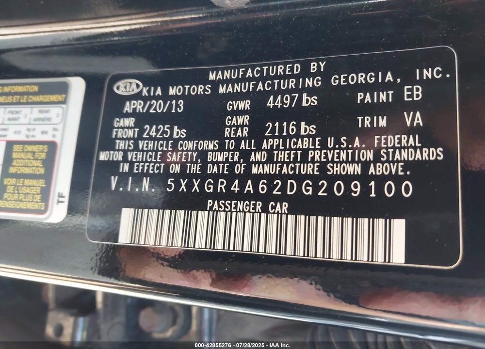 2013 KIA OPTIMA VIN: 5XXGR4A62DG209100
