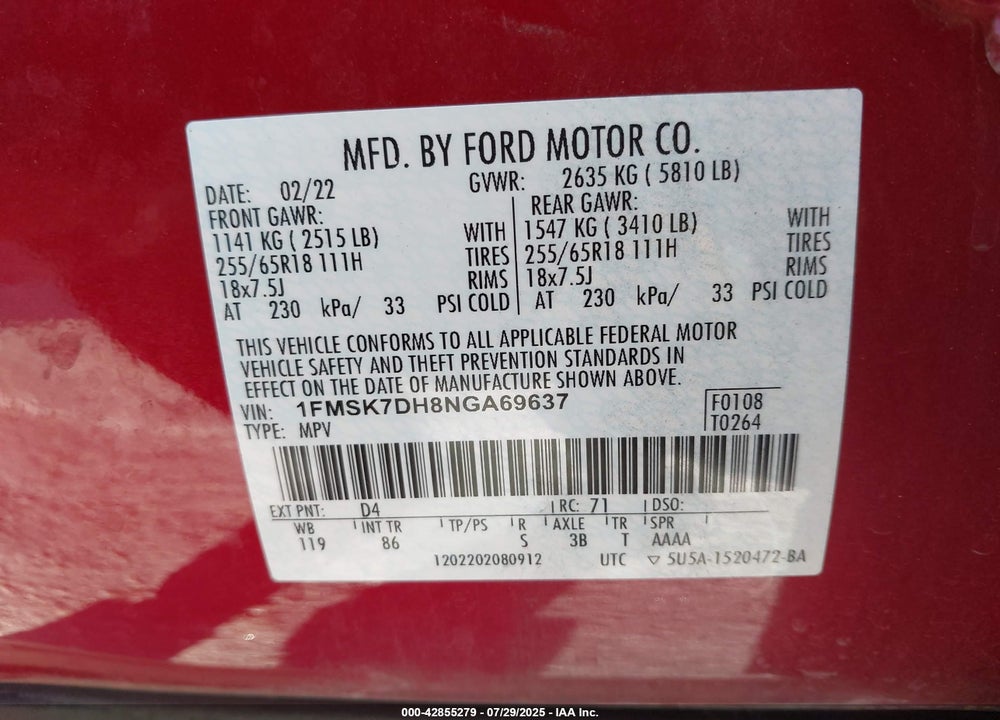 2022 FORD EXPLORER VIN: 1FMSK7DH8NGA69637
