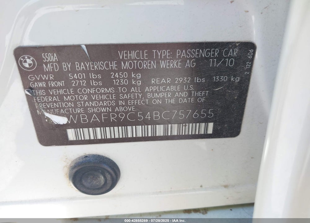 2011 BMW 5 SERIES VIN: WBAFR9C54BC757655